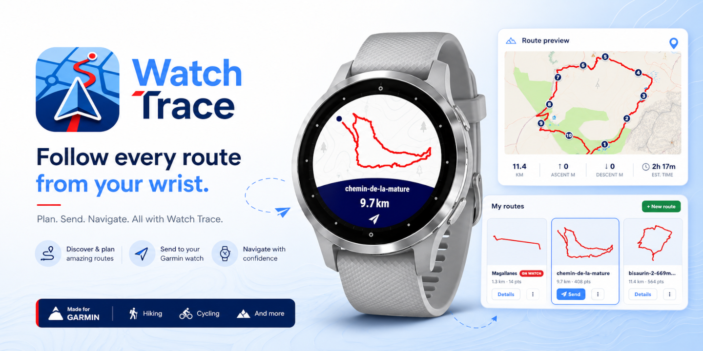 A GPX route shown as a red line on a Garmin watch running WatchTrace